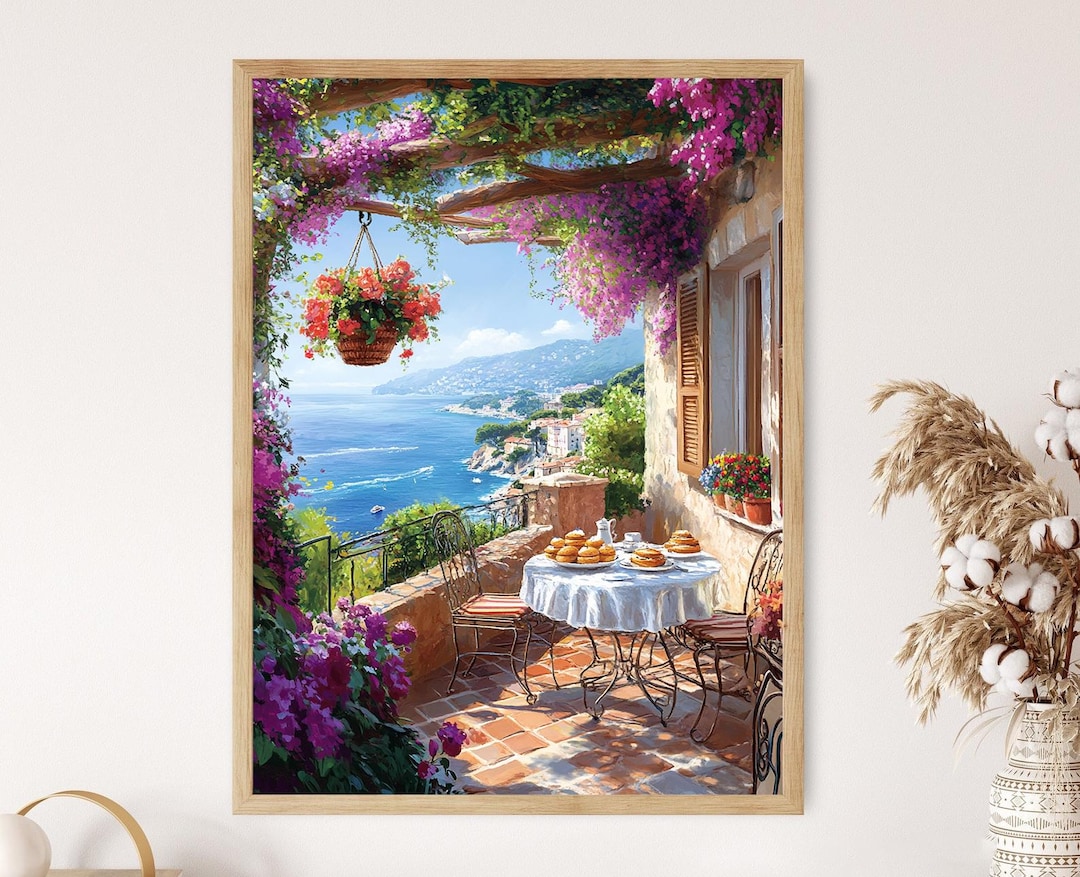 French Riviera Terrace With Flower Pots, Mediterranean View Art ...
