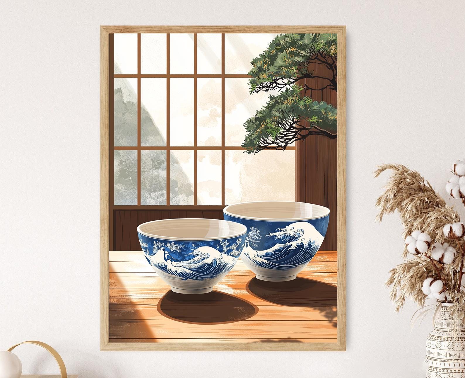 Indigo Waves and Crane Art Print: Japanese Ceramic Bowl Painting