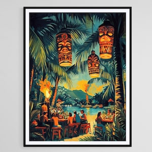 May include: A framed art print depicting a tropical scene. Palm trees frame a bar scene with people seated at tables. Lit tiki masks hang above. A bonfire burns near the water's edge, with mountains in the background. The color palette is dominated by greens, blues, and oranges.