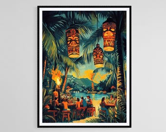 Vintage Hawaiian Tiki Bar Art Print, Patrons and Flaming Torches