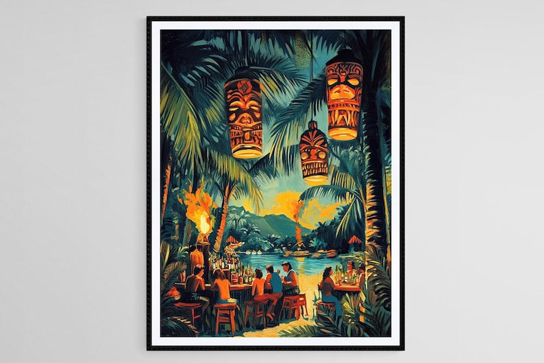 May include: A framed art print depicting a tropical scene. Palm trees frame a bar scene with people seated at tables. Lit tiki masks hang above. A bonfire burns near the water's edge, with mountains in the background. The color palette is dominated by greens, blues, and oranges.