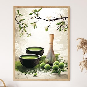 Matcha Whisk and Sweets Art Print, Zen Tea Ceremony Wall Art, Japanese Dessert Illustration, Calming Kitchen Decor