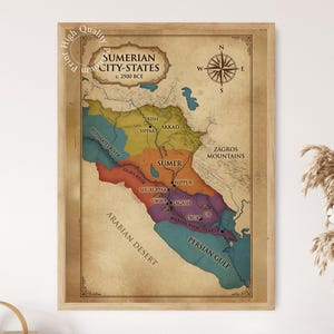 May include: A framed historical map titled SUMERIAN CITY-STATES c. 2500 BCE, featuring coloured regions representing ancient territories, the Tigris and Euphrates rivers, the Persian Gulf, and the Zagros Mountains, with a compass rose in the corner.