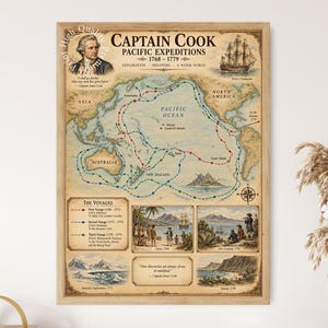 Op de afbeelding: Een ingelijste historische kaart getiteld Captain Cook Pacific Expeditions 1768-1779, met een portret van Captain Cook, de H.M.S. Endeavour, een kaart van de Stille Oceaan met gekleurde routes, beschrijvende tekst en vier illustratieve scènes.