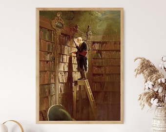 May include: A framed vintage print of a man reading in a library. The man is on a wooden ladder, surrounded by bookshelves filled with books. The artwork has a warm colour palette with a focus on the man and the books.
