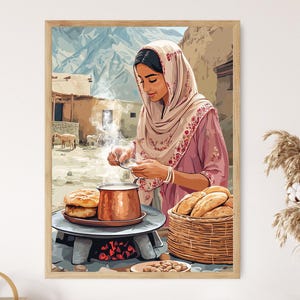 Stampa artistica di una donna afghana che prepara un chai puro, cucina tradizionale del villaggio, scena del tè mediorientale