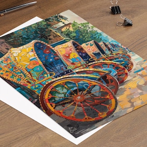 K&ouml;nnte beinhalten: Ein farbenfroher Druck von mehreren verzierten Rikschas mit komplizierten Blumenmustern in Blau, Gelb und Orange. Die R&auml;der der Rikscha sind leuchtend rot und gelb, vor dem Hintergrund einer Stra&szlig;enszene.