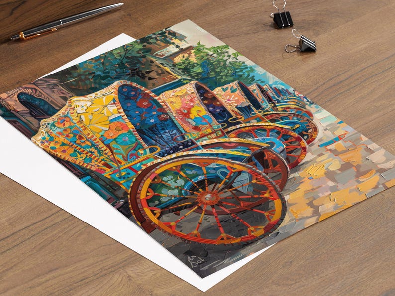 K&ouml;nnte beinhalten: Ein farbenfroher Druck von mehreren verzierten Rikschas mit komplizierten Blumenmustern in Blau, Gelb und Orange. Die R&auml;der der Rikscha sind leuchtend rot und gelb, vor dem Hintergrund einer Stra&szlig;enszene.