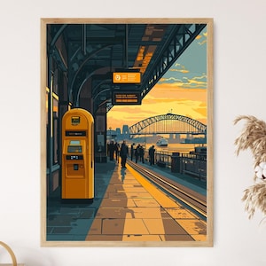 Póster de la estación Circular Quay de Sídney, escena de viajero con tarjeta Opal, impresión artística vectorial plana de tránsito urbano