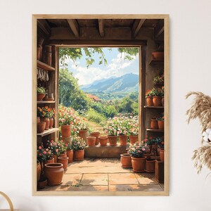 May include: A painting of a rustic greenhouse with a view of a lush green valley and mountains in the distance. The greenhouse is filled with potted plants and flowers, including red, pink, and white flowers. The scene is bathed in warm sunlight.