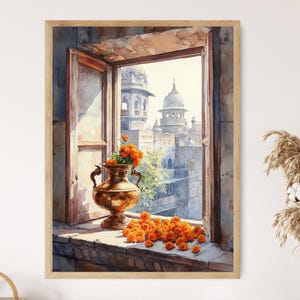 May include: Watercolor painting of a window overlooking a cityscape. A bronze vase filled with orange flowers sits on the windowsill, with more flowers scattered around. The window is open, revealing a view of buildings with domes.