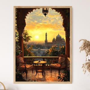 Pode incluir: Uma pintura de uma varanda com vista para uma cidade com uma mesquita ao longe. A varanda tem duas cadeiras e uma mesa com uma xícara e um pires. O céu é de um laranja e amarelo vibrantes, o que sugere um pôr do sol.