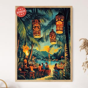 Vintage Hawaiian Tiki Bar Art Print, Patrons and Flaming Torches