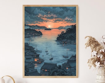 吉田博作「夕焼けの帆船」｜ヴィンテージ木版画 - Etsy 日本