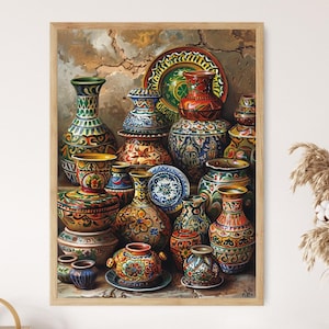 Op de afbeelding: Een verzameling kleurrijke, handgeschilderde keramische vazen en kommen met ingewikkelde ontwerpen. De potten zijn in een stilleven-compositie gerangschikt, wat de schoonheid van traditioneel vakmanschap laat zien.