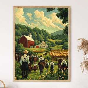 Ilustración de una granja Amish, arado tirado por caballos, escena de agricultura tradicional