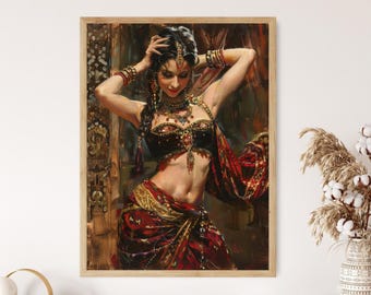 Impresión artística de danza del vientre, decoración vibrante para estudio de danza