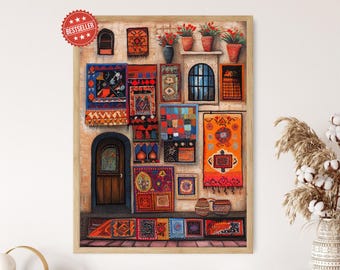 Palestinian Rug Store Art Print, Handwoven Textiles, Traditional Patterns