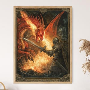 Dragon vs Knight, Medieval Bestiary Battle, Illuminated Manuscript Art Print