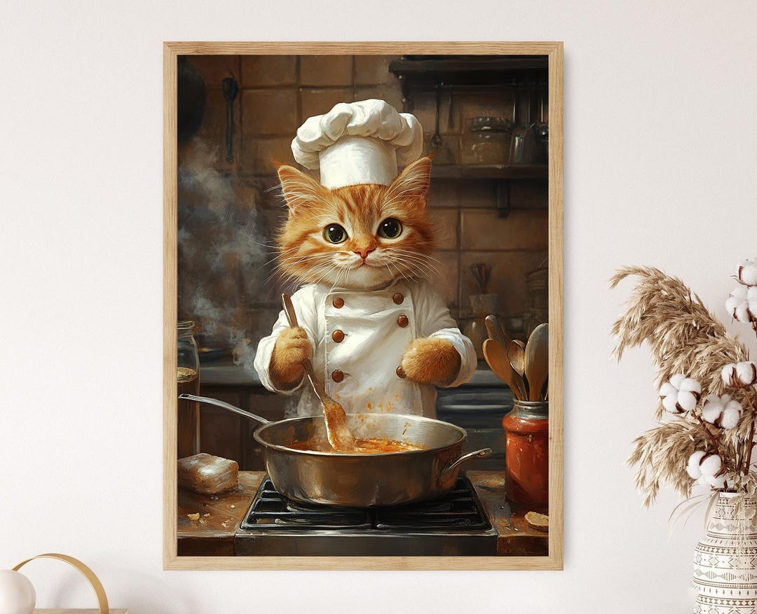 Chef Cat Art Print, Whimsical Kitchen Decor, Funny Cooking