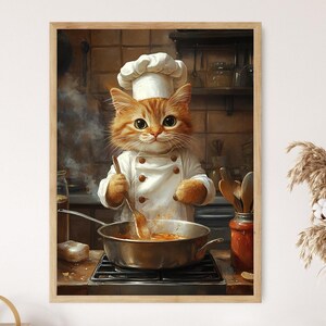 Chef Cat Art Print, Whimsical Kitchen Decor, Funny Cooking Illustration
