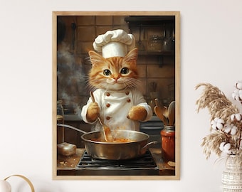 Impression d'Art chat chef, décoration de cuisine fantaisiste, illustration de cuisine drôle