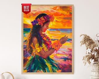 Op de afbeelding: Een ingelijst schilderij van een vrouw in traditionele Hawaiiaanse kleding, met een bloemenkrans en lei, dansend op een strand bij zonsondergang. Het kunstwerk gebruikt levendige kleuren van oranje, geel, groen en paars. Een "Best Seller" sticker staat linksboven.