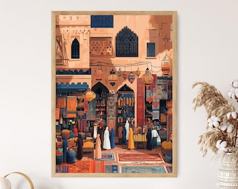 Moroccan Souk Market, Naive Art Print, Ornate Rugs and Lanterns