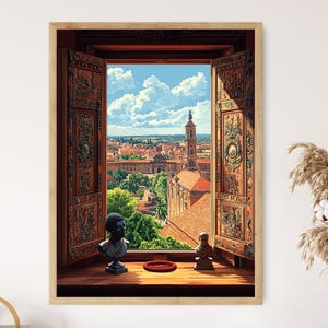 Benin City Wooden Window Illustration, Nigerian Edo Carvings, Royal Palace View