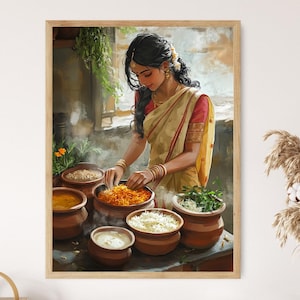 May include: A woman in a traditional Indian sari is preparing food in a kitchen. She is surrounded by various pots and pans filled with different ingredients. The scene is warm and inviting, with steam rising from the pots and a sense of home-cooked meals.