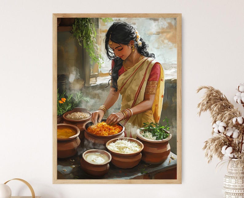 May include: A woman in a traditional Indian sari is preparing food in a kitchen. She is surrounded by various pots and pans filled with different ingredients. The scene is warm and inviting, with steam rising from the pots and a sense of home-cooked meals.