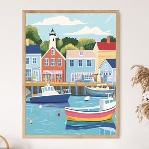 Coastal Connecticut Town Art Print, Marina and Lighthouse Scene