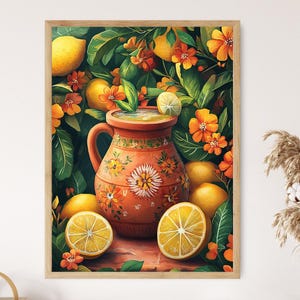 Nimbu Pani アートプリント、花のモチーフとレモンの粘土ポット