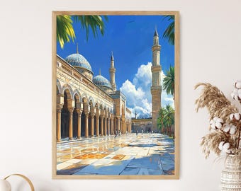May include: A painting depicting a mosque with a tall minaret and a courtyard featuring arches. The mosque is painted in shades of white and beige, with blue accents on the domes. The courtyard is paved with stone and surrounded by palm trees.