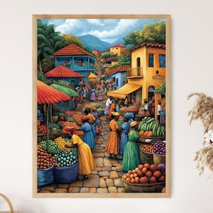 Angola Marketplace Illustration, Colorful Farm Market Painting, African Fruit Art, Wall Art for Kitchen, African Restaurant Decor