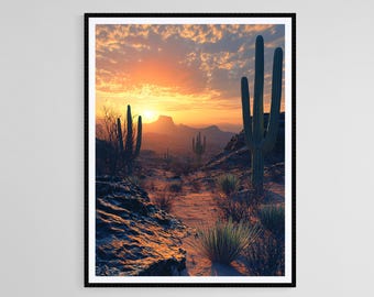 Terrarien-Hintergrund 'Wüste Bei Sonnenuntergang' – 60x40 Cm, Vinyl, Mit Saguaro-Kakteen