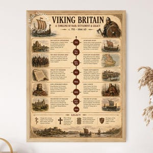 May include: A rectangular poster titled VIKING BRITAIN A TIMELINE OF RAID, SETTLEMENT & LEGACY c. 793-1066 AD. The print features a central timeline with historical illustrations of Viking ships, warriors, maps, and text detailing events from 793 to 1066.