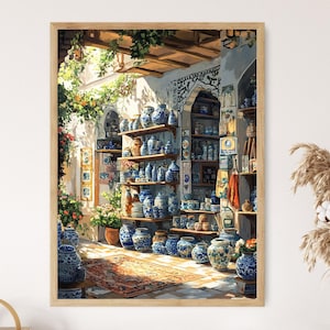 May include: A painting depicting the interior of a shop filled with blue and white ceramic vases and jars. The shop is decorated with traditional tilework and has a wooden ceiling. The vases are arranged on shelves and in the centre of the room.