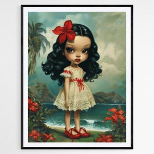 Encantadora ilustración de muñeca hawaiana, Impresión artística de temática tropical, Ideal para decoración de habitaciones infantiles, Bonito regalo de cumpleaños
