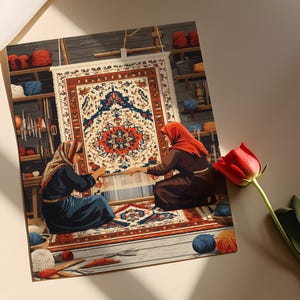 May include: Two people are weaving a colorful rug with intricate patterns. The rug is being woven on a loom and the people are using their hands to guide the yarn. The rug is a traditional design with a central medallion and a border of geometric shapes.