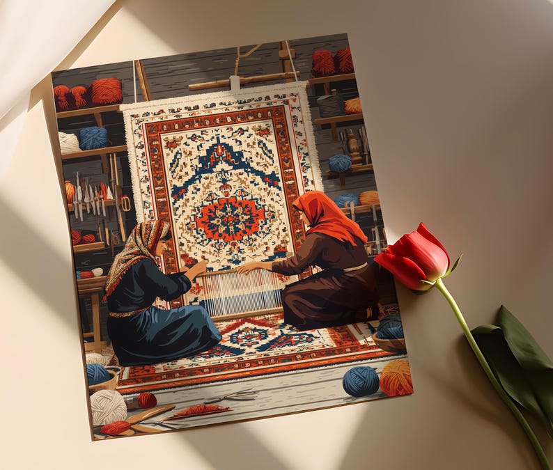 May include: Two people are weaving a colorful rug with intricate patterns. The rug is being woven on a loom and the people are using their hands to guide the yarn. The rug is a traditional design with a central medallion and a border of geometric shapes.