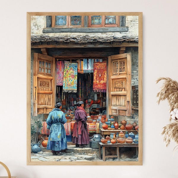 Tibetan Market View Illustration, Vibrant Textiles and Pottery Art Print