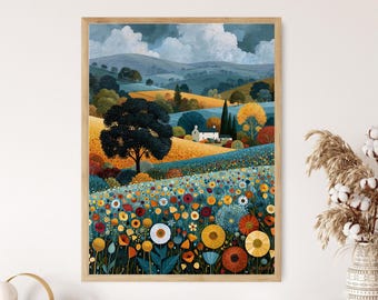 Winter Farm Folk Art Print: Full Moon, Sheep, Whimsical Landscape Décor