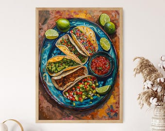 カラフルなタコスプラッターアート、メキシコ料理の絵画、メキシコ料理