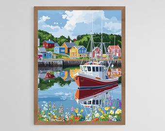 Lámina artística del puerto de Lunenburg, escena de un pueblo pesquero de Nueva Escocia.