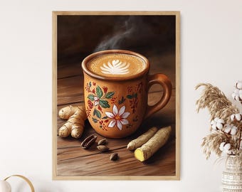 Op de afbeelding: Een ingelijste print van een warm drankje in een decoratieve mok met een bloemenontwerp. De mok is gevuld met een romige drank, gegarneerd met latte art. Gember en specerijen zijn op het houten oppervlak geplaatst.