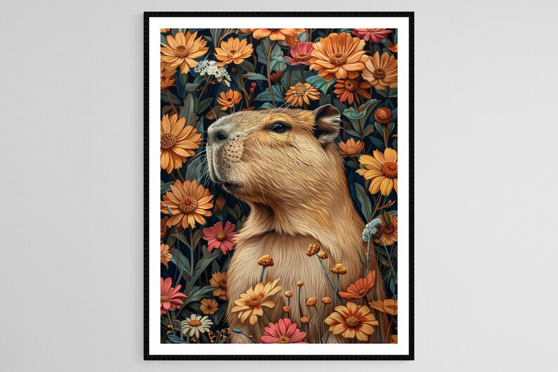 K&ouml;nnte beinhalten: Gerahmter Kunstdruck mit einem Capybara inmitten von Blumen. Das Capybara mit hellbraunem Fell ist von orangefarbenen, rosa und wei&szlig;en Bl&uuml;ten vor einem dunkelgr&uuml;nen Hintergrund umgeben. Das Kunstwerk ist eine digitale Illustration.