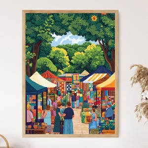 May include: A colorful illustration of a bustling outdoor market under a canopy of trees.  Stalls are filled with colorful fabrics and textiles, and people browse and shop.