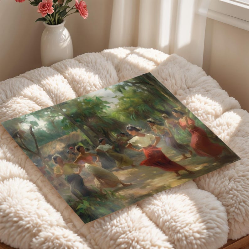 May include: A painting depicting a group of people dancing in a lush green forest setting. The people are wearing colorful clothing, and the painting is done in a realistic style.
