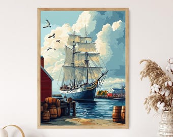 New Bedford Whaling Port Scene, 1800s Harbor Painting, Historic New England Maritime Art Print